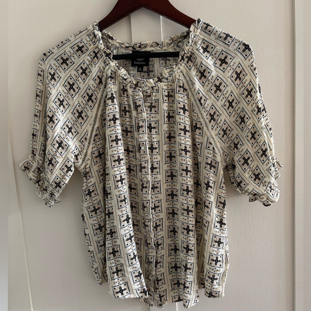 Bobeau Short Sleeve Knit Button Up Top